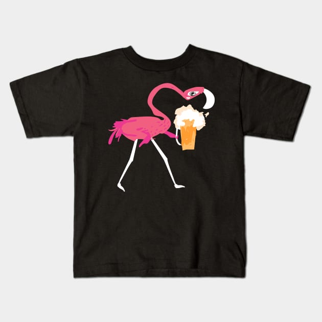 Flamingo Drinking Beer Funny Pink Flamingo Kids T-Shirt by Happy Shirt